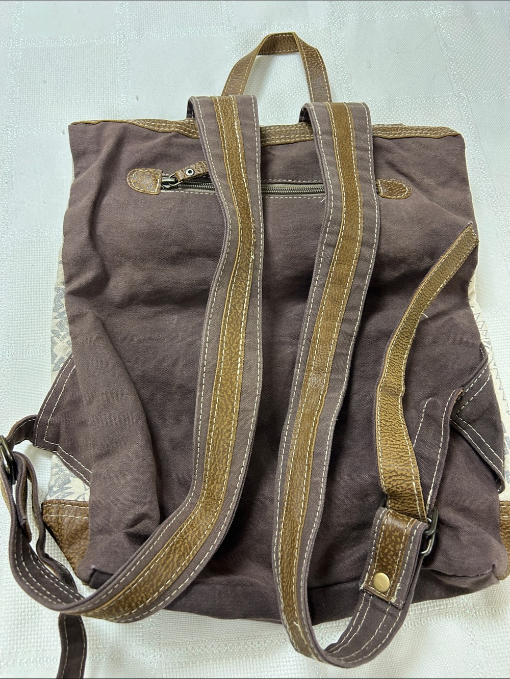 NWOT Myra Bag Cream and Brown Patterned Backpack with Fur Trim image 3